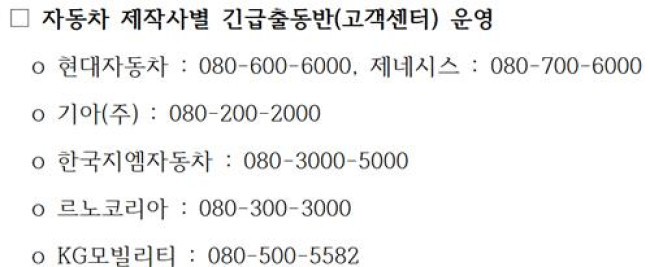 제작사별 긴급출동반 연락처