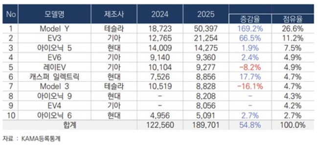 2025년 모델별 전기차 판매량